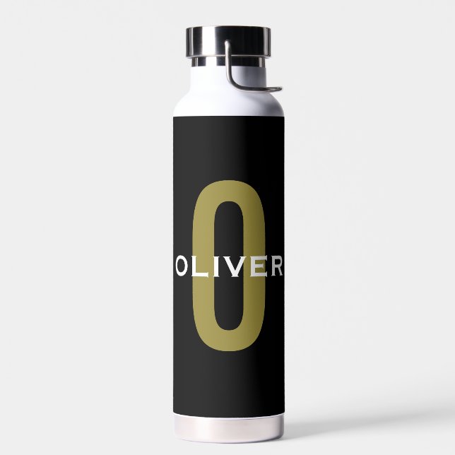 Personalised Monogram Black Gold White Name Water Bottle (Left)