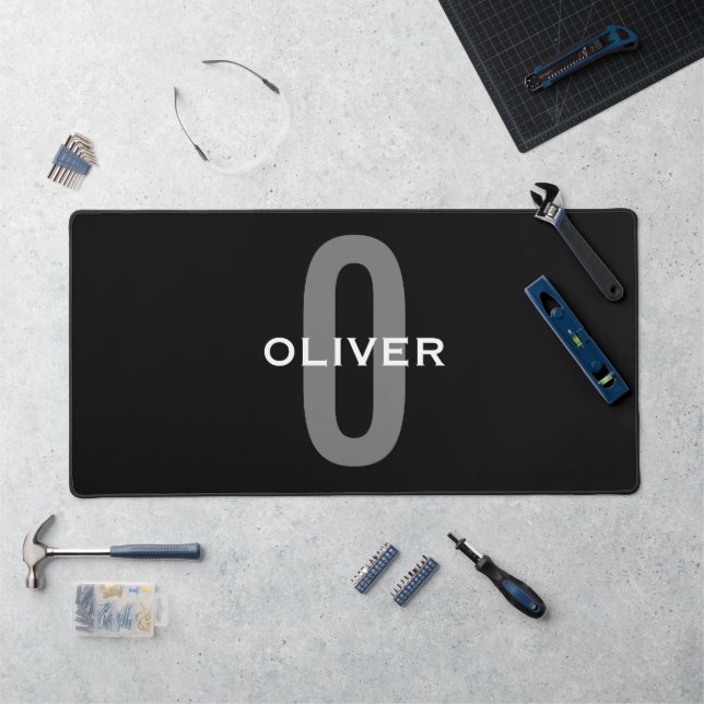 Personalised Monogram Black Grey White Name Desk Mat (Workstation)