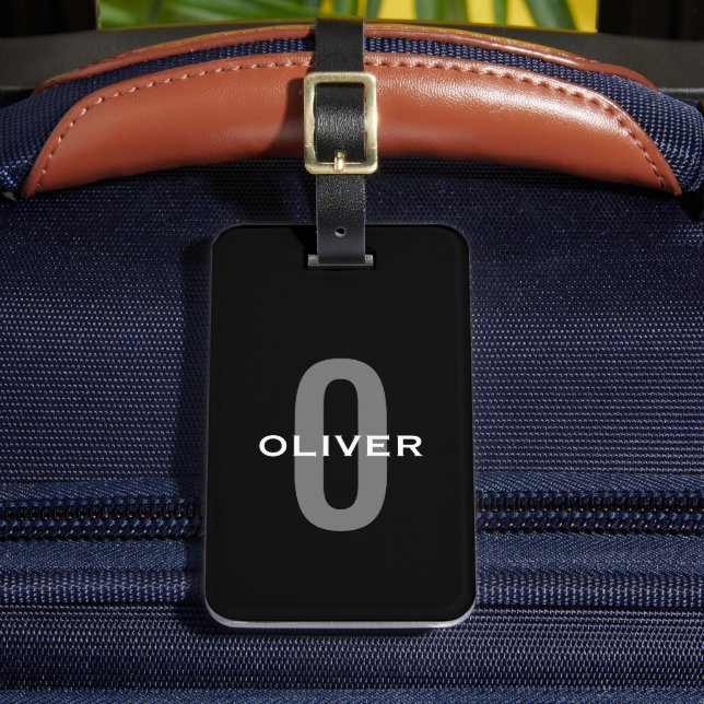 Personalised Monogram Black Grey White Name Luggage Tag (Front Insitu 2)