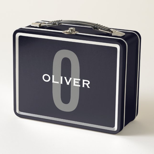 Personalised Monogram Black Grey White Name Metal Lunch Box (Front)