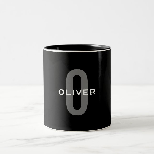 Personalised Monogram Black Grey White Name Two-Tone Coffee Mug (Center)