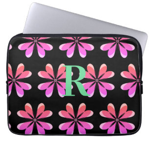 Personalised Monogram black pink retro floral Laptop Sleeve