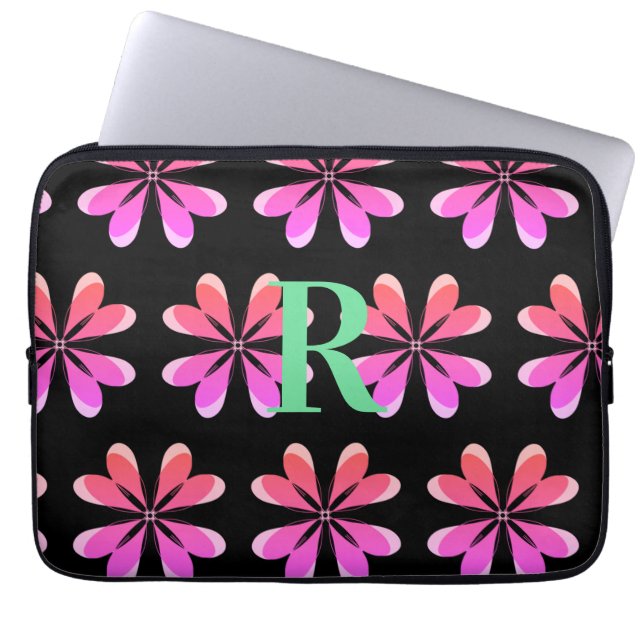 Personalised Monogram black pink retro floral Laptop Sleeve (Front)