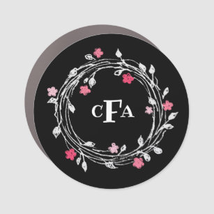 Personalised Monogram Black & White Floral Wreath Car Magnet
