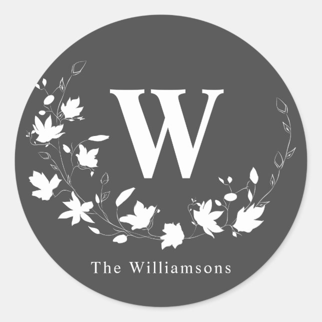 Personalised Monogram Black White Floral Wreath Classic Round Sticker (Front)