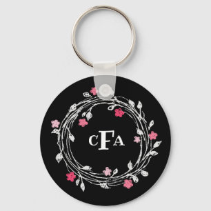 Personalised Monogram Black & White Floral Wreath Key Ring