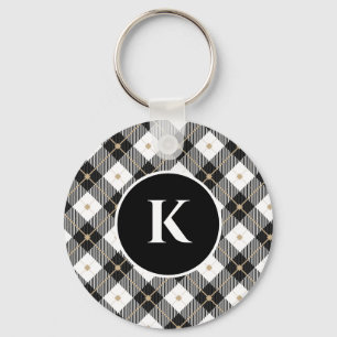 Personalised Monogram Black White Gold Plaid Key Ring