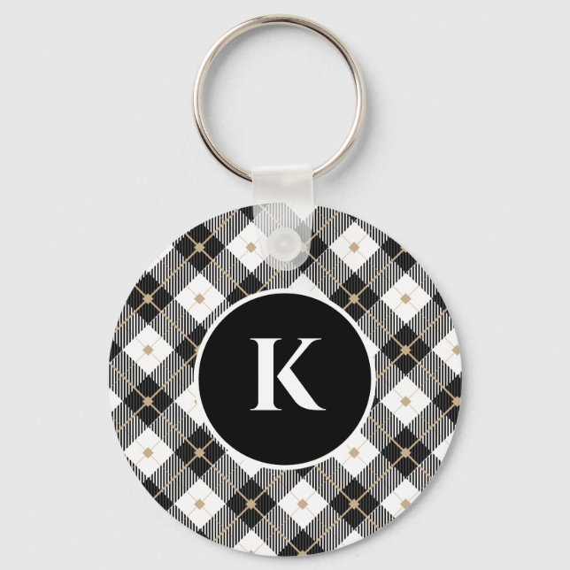 Personalised Monogram Black White Gold Plaid Key Ring (Front)