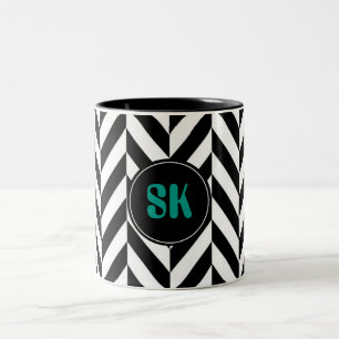 Personalised Monogram Black & White Herringbone - Two-Tone Coffee Mug