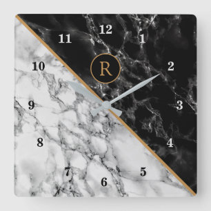 Personalised Monogram Black White Marble Clock