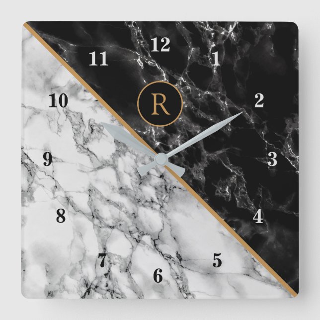 Personalised Monogram Black White Marble Clock (Front)