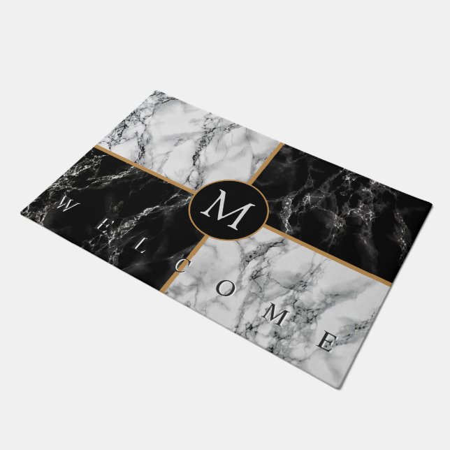 Personalised Monogram Black White Marble Doormat (Angled)