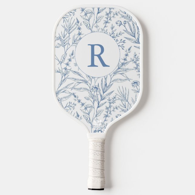 Personalised Monogram Blue Floral French Toile Pickleball Paddle (Back)