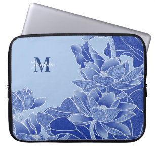 Personalised Monogram Blue Flowers Lotus Mandala Laptop Sleeve