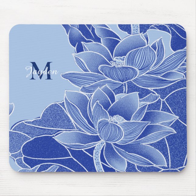 Personalised Monogram Blue Flowers Lotus Mandala  Mouse Pad (Front)