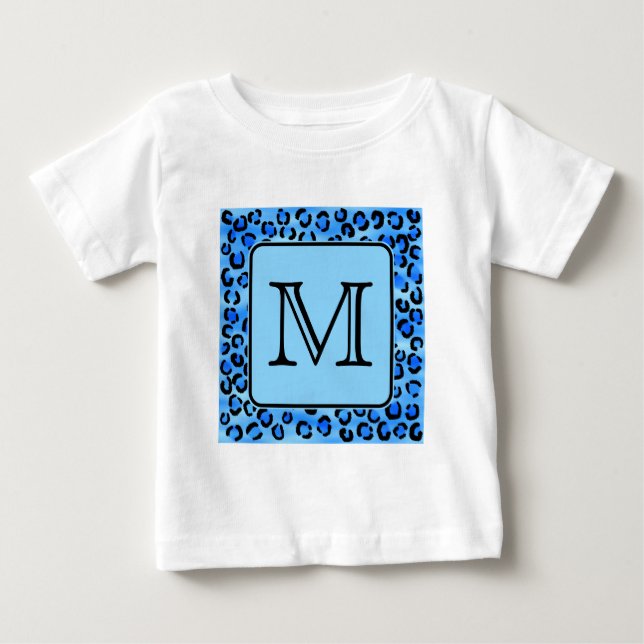 Personalised Monogram, Blue Leopard Print Pattern. Baby T-Shirt (Front)