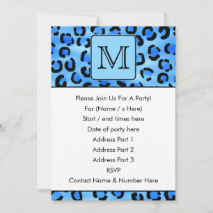 Personalised Monogram, Blue Leopard Print Pattern. Invitation
