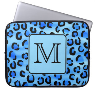 Personalised Monogram, Blue Leopard Print Pattern. Laptop Sleeve