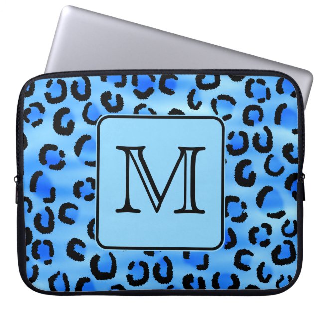 Personalised Monogram, Blue Leopard Print Pattern. Laptop Sleeve (Front)