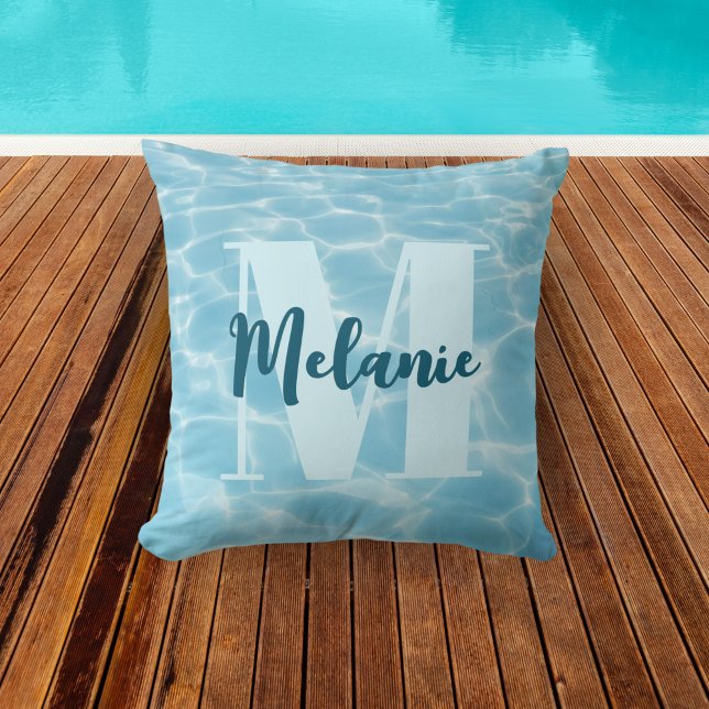 Personalised Monogram Blue Swimming Pool Modern  Cushion (Creator Uploaded)