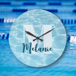 Personalised Monogram Blue Swimming Pool Modern Large Clock
