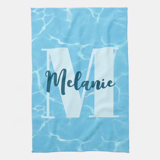 Personalised Monogram Blue Swimming Pool Modern Tea Towel (Vertical)