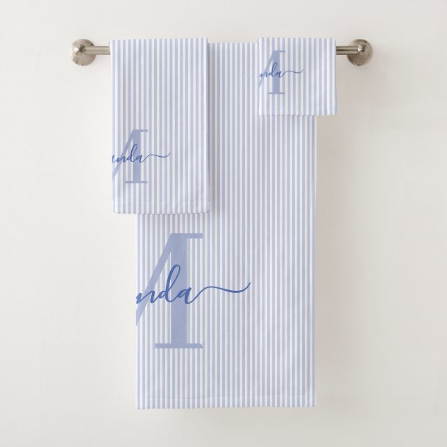 Personalised Monogram Blue & White Stripes Bath Towel Set (Insitu)
