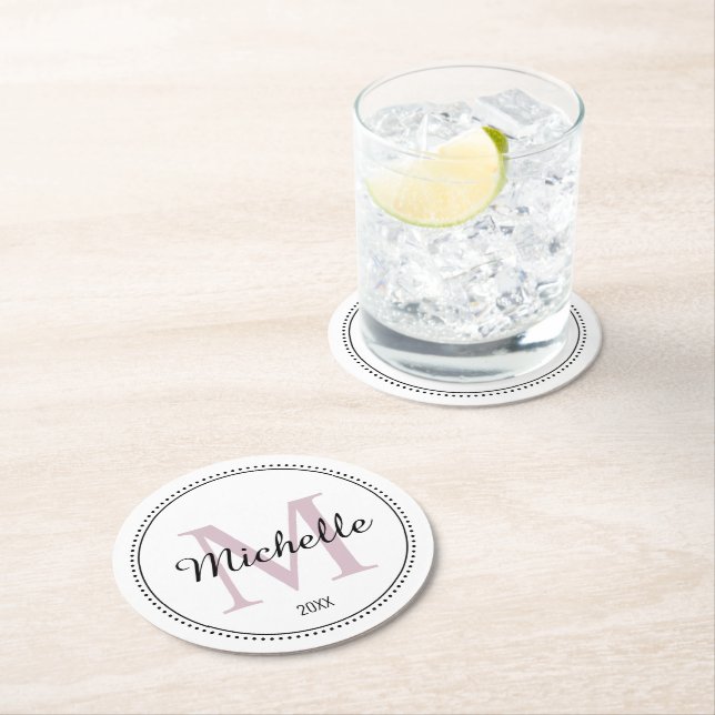 Personalised Monogram Blush Pink Round Paper Coaster (Insitu)