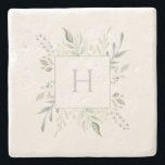 Personalised Monogram Botanical Stone Coaster<br><div class="desc">Personalised Monogram Botanical Drink Coaster. Elegant design with delicate watercolor foliage border in shades of green and grey around grey customisable initial on white. Gorgeous gift, favour, or addition to your home decor. We invite you to visit our Zazzle's store, Simon & Grace, to view matching products and more. Please...</div>