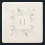 Personalised Monogram Botanical Stone Coaster<br><div class="desc">Personalised Monogram Botanical Drink Coaster. Elegant design with delicate watercolor foliage border in shades of green and grey around grey customisable initial on white. Gorgeous gift, favour, or addition to your home decor. We invite you to visit our Zazzle's store, Simon & Grace, to view matching products and more. Please...</div>