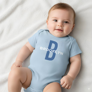 Personalised Monogram Boy Custom Name Blue White Baby Bodysuit