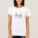 Personalised monogram bridesmaid t shirts | teal<br><div class="desc">Personalised monogram bridesmaid t shirts | teal blue and white. Monogrammed tees with custom name in elegant script text. Personalise for bridesmaids,  flower girl,  maid of honour,  matron of honour,  mother of the bride etc. Cute idea for wedding party,  bridal shower and bachelorette party.</div>