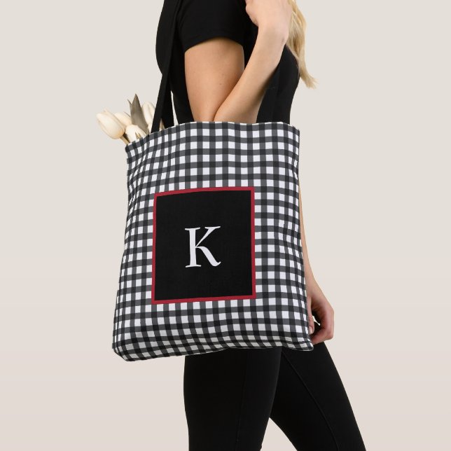 Personalised Monogram Buffalo Plaid Tote Bag (Close Up)