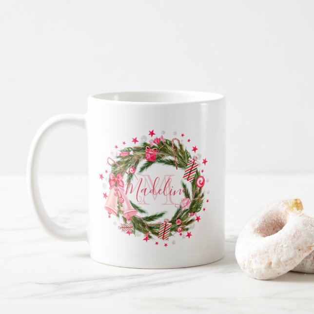 Personalised Monogram Christmas Wreath & Tree Coffee Mug (With Donut)