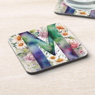 Personalised Monogram Colourful Watercolor Flowers Coaster