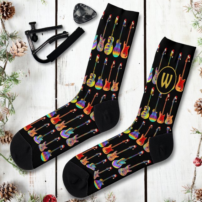 Personalised Monogram Cool Guitar Christmas Socks (Personalized christmas guitar player monogram initial cool teenage band guitarists xmas socks)