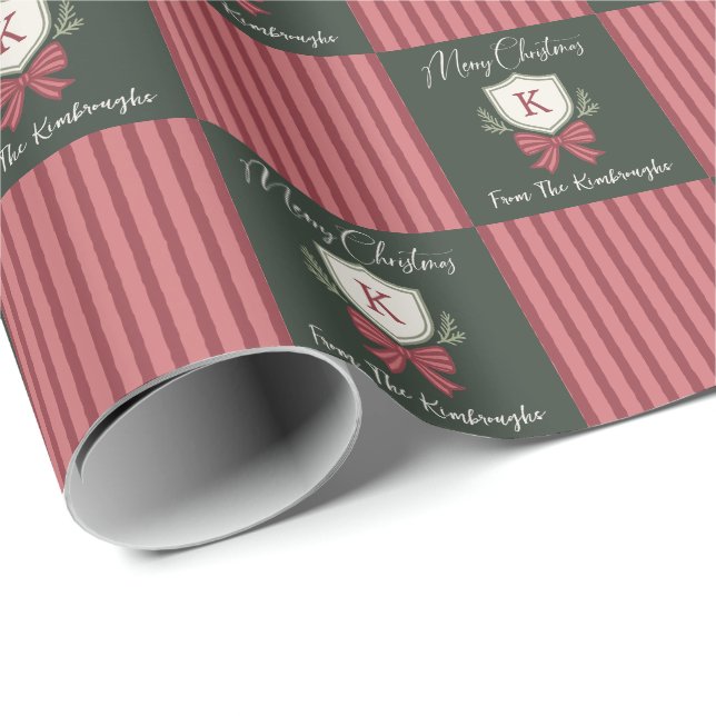 Personalised Monogram Crest Bow Christmas Wrapping Paper (Roll Corner)