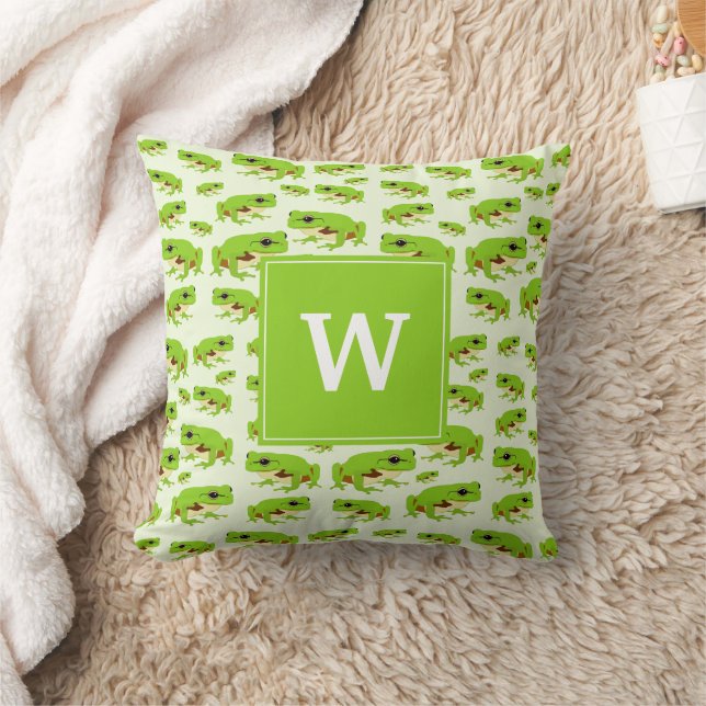 Personalised Monogram Cute Green Tree Frog Pattern Cushion (Blanket)