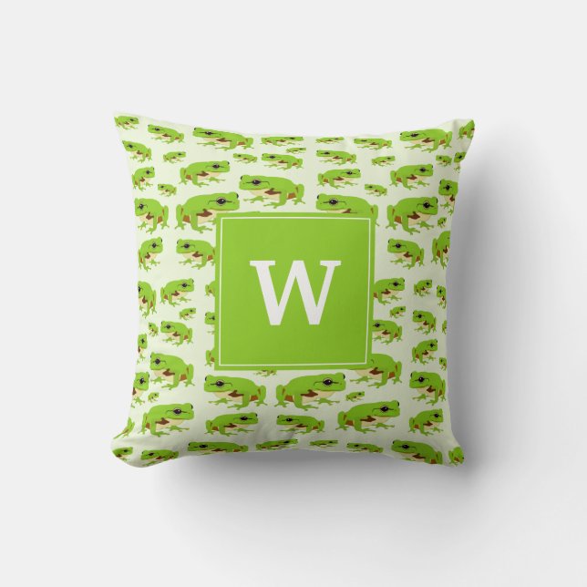 Personalised Monogram Cute Green Tree Frog Pattern Cushion (Front)