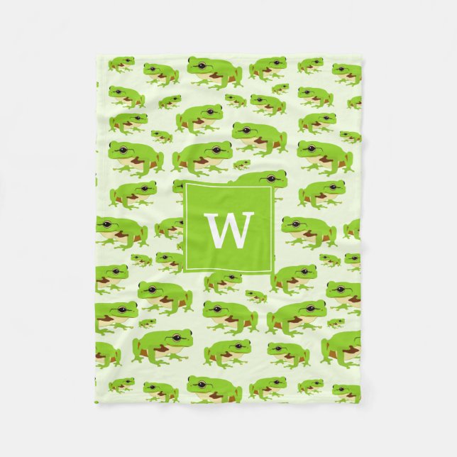Personalised Monogram Cute Green Tree Frog Pattern Fleece Blanket (Front)