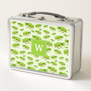Personalised Monogram Cute Green Tree Frog Pattern Metal Lunch Box