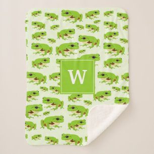 Personalised Monogram Cute Green Tree Frog Pattern Sherpa Blanket