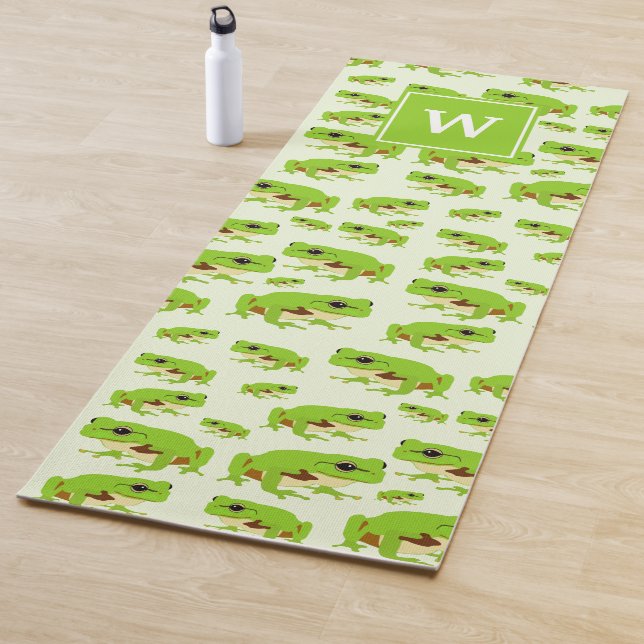 Personalised Monogram Cute Green Tree Frog Pattern Yoga Mat (In Situ)