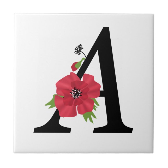 Personalised monogram editable A text red flower f Ceramic Tile (Front)