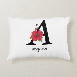 Personalised monogram editable A text red flower f Decorative Cushion