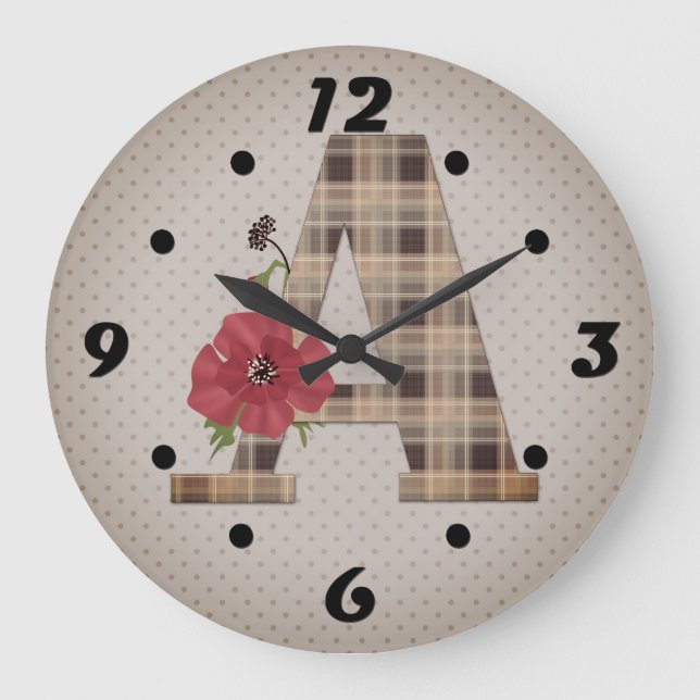 Personalised monogram editable A text red flower f Large Clock (Front)