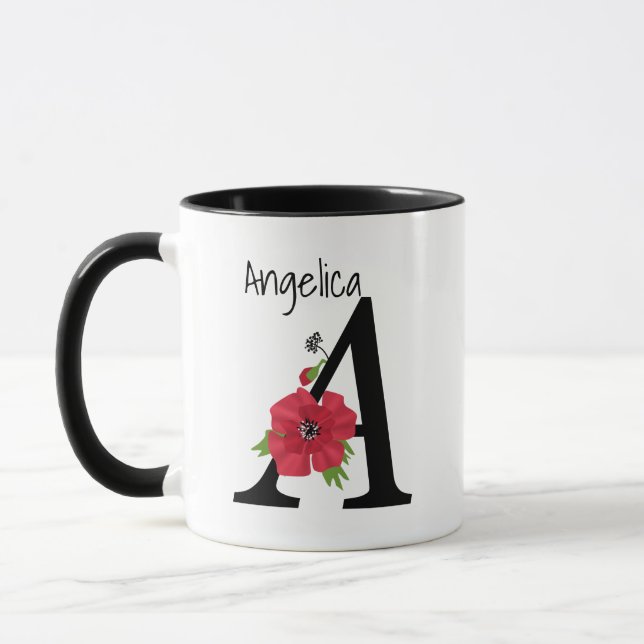 Personalised monogram editable A text red flower f Mug (Left)