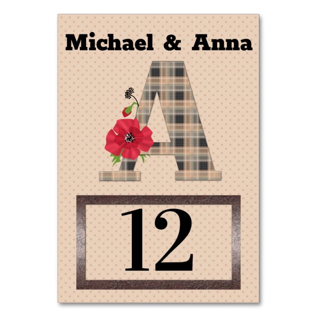Personalised monogram editable A text red flower f Table Number (Front)