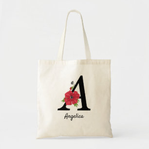 Personalised monogram editable A text red flower f Tote Bag