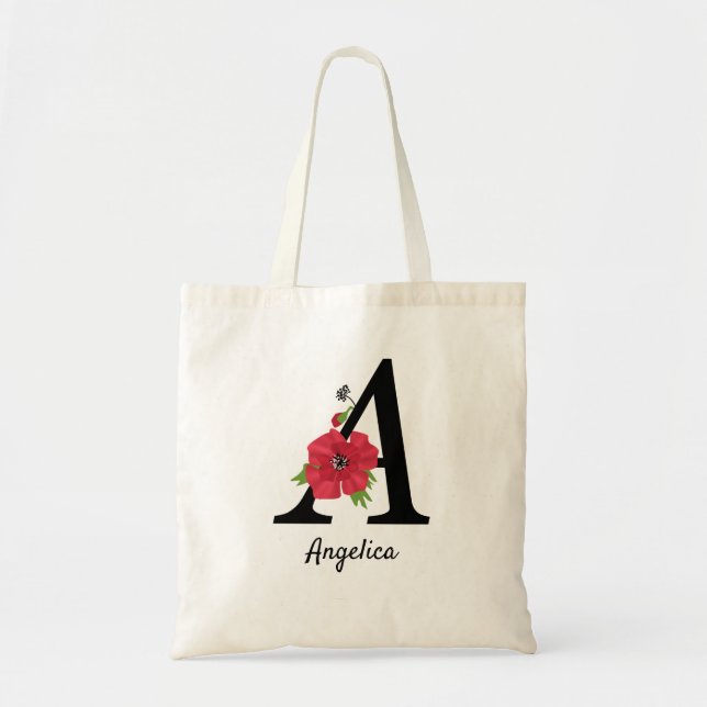 Personalised monogram editable A text red flower f Tote Bag (Front)